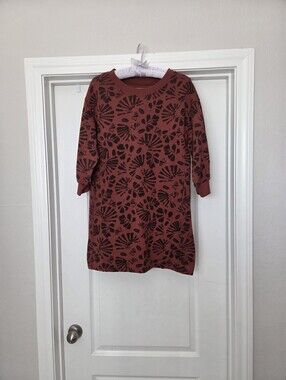 Pact Brown Abstract Leaf Stamp Print Sweater Dress With 3/4 Sleeves Pockets XS